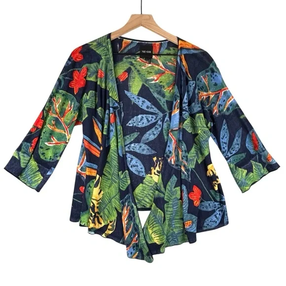 NIC+ZOE Cardigan Sweater Womens M Jungle Print 4-Way Linen Blend Open Waterfall - Picture 1 of 10